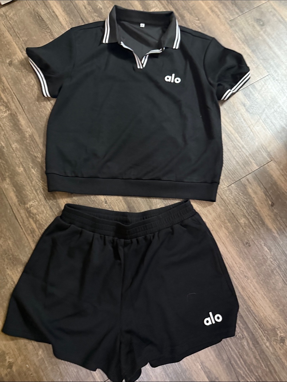 Alo Black Cropped Polo & Shorts Set